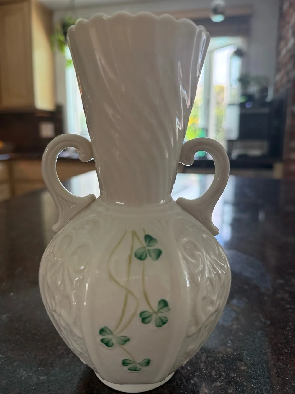 Belleek White Ceramic Two-Handled Vase with Green Clover Accents